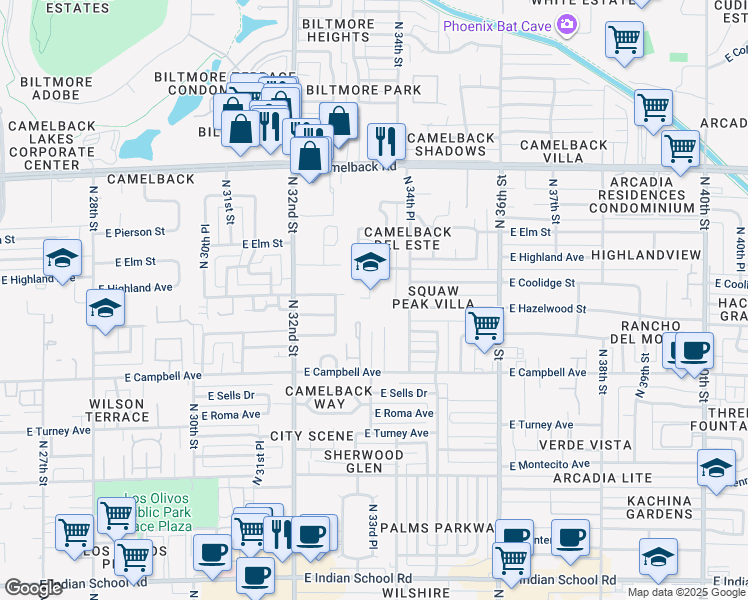 map of restaurants, bars, coffee shops, grocery stores, and more near 4601 North 34th Street in Phoenix