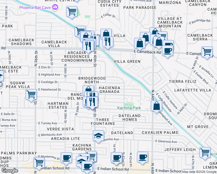map of restaurants, bars, coffee shops, grocery stores, and more near 4038 East Patricia Jane Drive in Phoenix