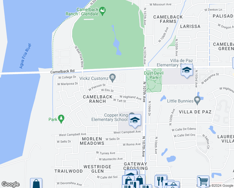 map of restaurants, bars, coffee shops, grocery stores, and more near 10825 West Elm Street in Phoenix