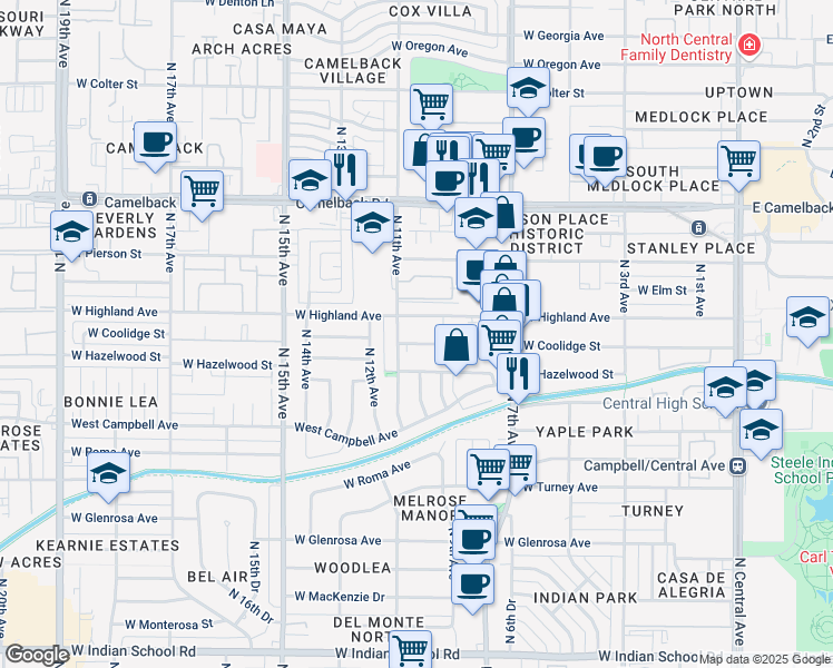map of restaurants, bars, coffee shops, grocery stores, and more near 774 West Coolidge Street in Phoenix
