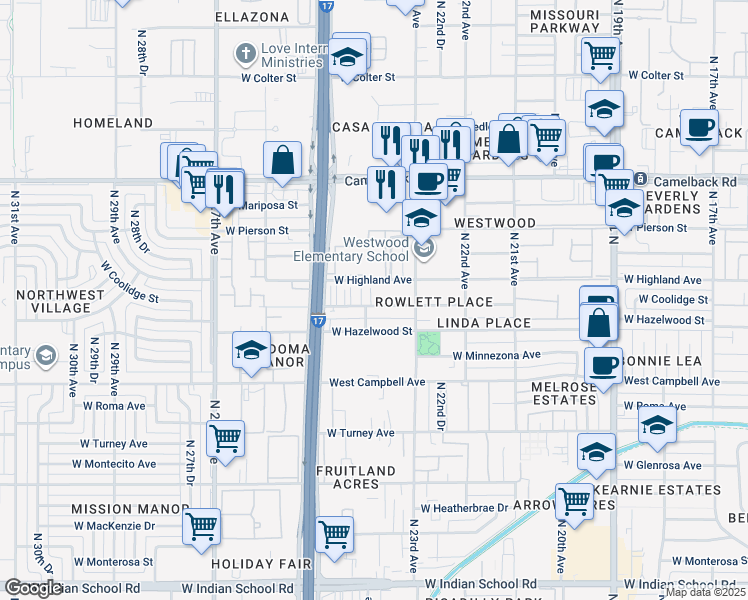 map of restaurants, bars, coffee shops, grocery stores, and more near 2326 West Coolidge Street in Phoenix