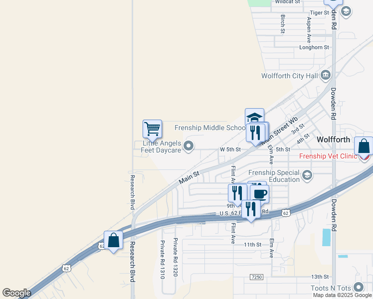map of restaurants, bars, coffee shops, grocery stores, and more near W 5th St in Wolfforth
