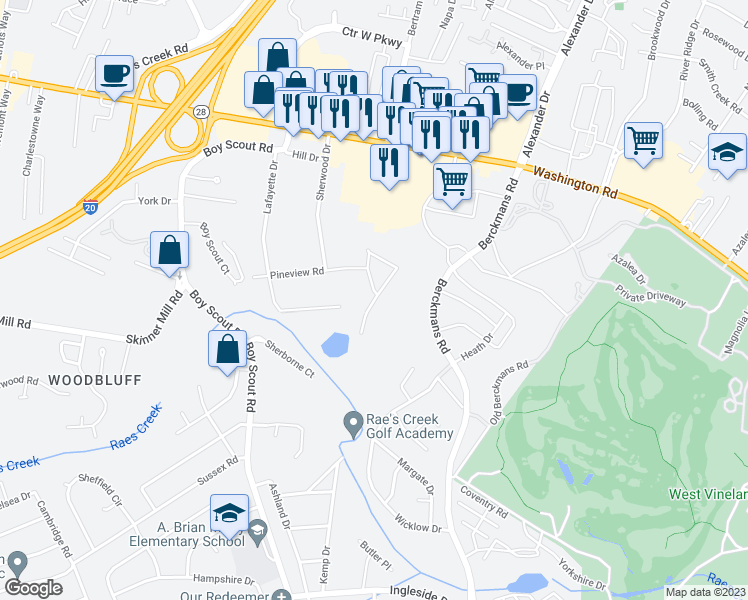 map of restaurants, bars, coffee shops, grocery stores, and more near 2295 Pointewest Drive in Augusta