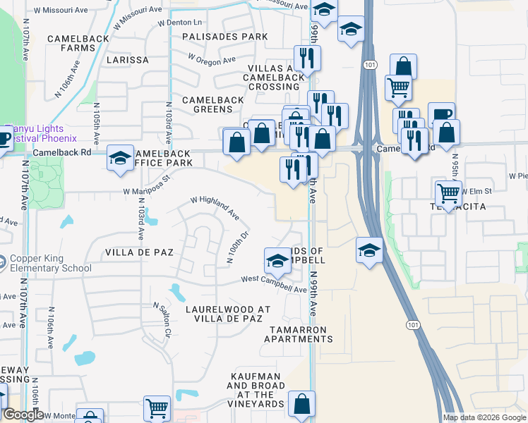 map of restaurants, bars, coffee shops, grocery stores, and more near 10002 West Colina Court in Phoenix