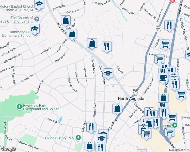 map of restaurants, bars, coffee shops, grocery stores, and more near 1201 West Ave in North Augusta