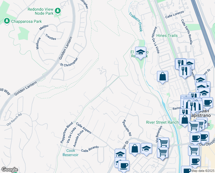 map of restaurants, bars, coffee shops, grocery stores, and more near Peppertree Bend Trail in San Juan Capistrano