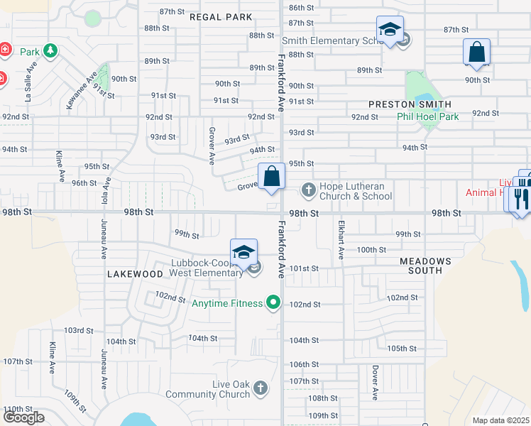 map of restaurants, bars, coffee shops, grocery stores, and more near 5802 98th St in Lubbock