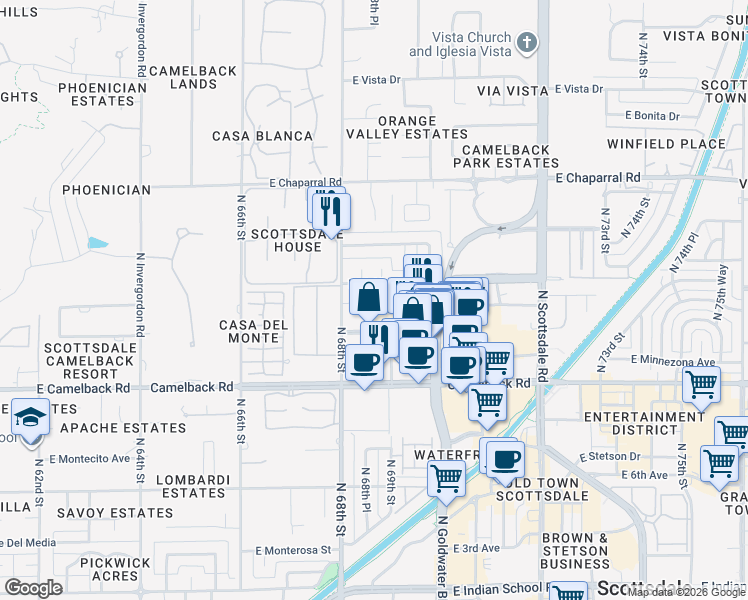 map of restaurants, bars, coffee shops, grocery stores, and more near 214 East Highland Avenue in Scottsdale