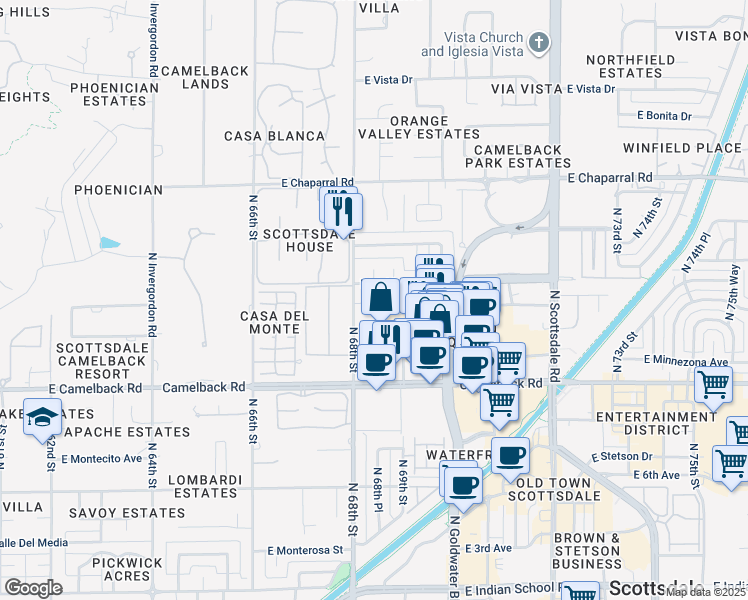 map of restaurants, bars, coffee shops, grocery stores, and more near 118 East Highland Avenue in Scottsdale