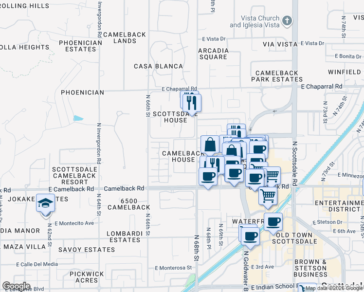 map of restaurants, bars, coffee shops, grocery stores, and more near 4630 North 68th Street in Scottsdale