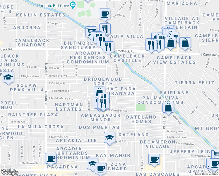 map of restaurants, bars, coffee shops, grocery stores, and more near 4009 East Coolidge Street in Phoenix