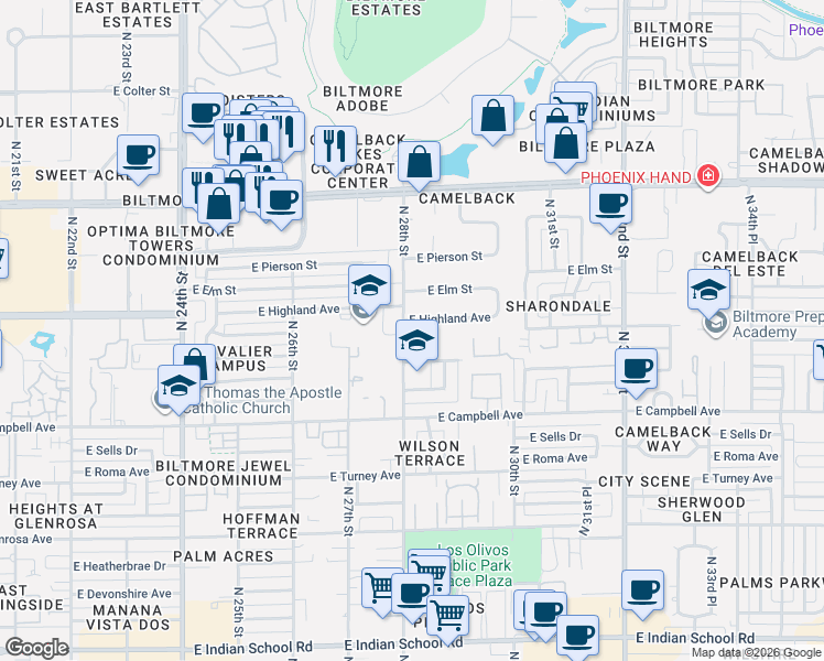 map of restaurants, bars, coffee shops, grocery stores, and more near 2801 East Highland Avenue in Phoenix