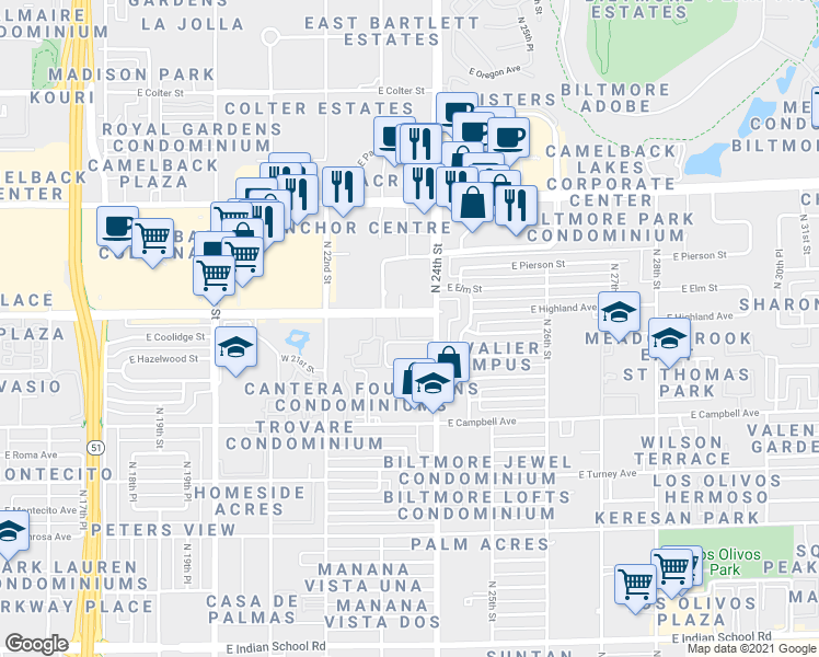 map of restaurants, bars, coffee shops, grocery stores, and more near in Phoenix