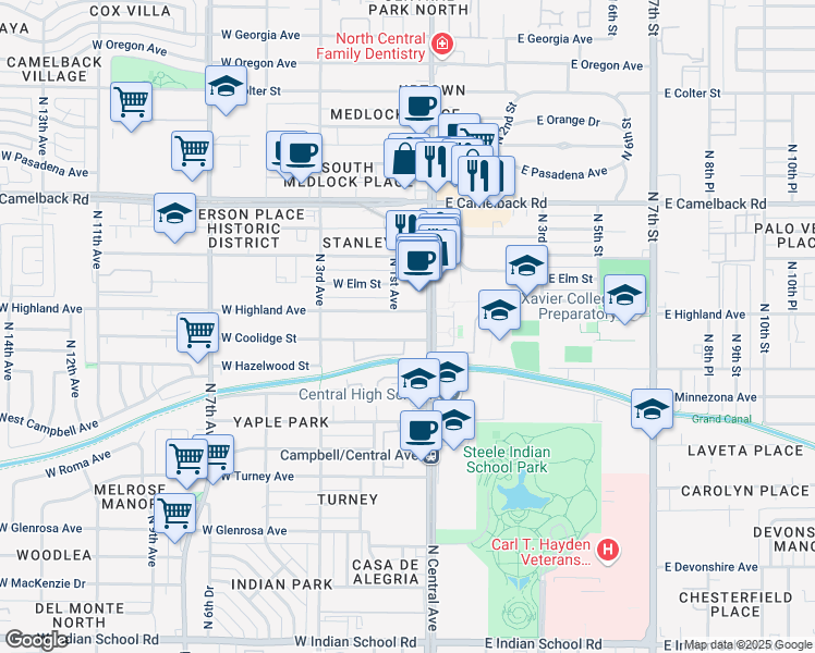 map of restaurants, bars, coffee shops, grocery stores, and more near 4660 North Central Avenue in Phoenix