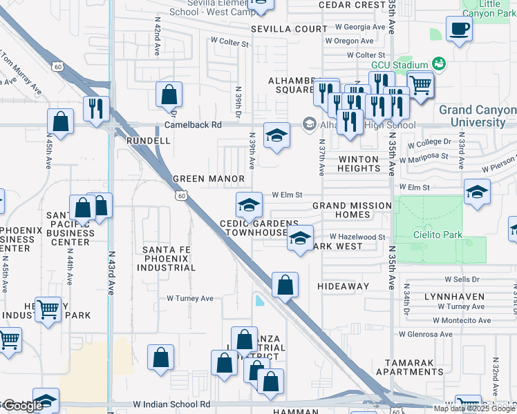 map of restaurants, bars, coffee shops, grocery stores, and more near 4646 North 39th Avenue in Phoenix
