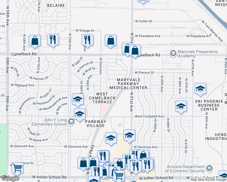 map of restaurants, bars, coffee shops, grocery stores, and more near G Street in Phoenix