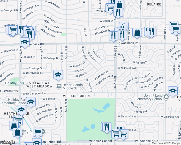 map of restaurants, bars, coffee shops, grocery stores, and more near 6212 West Wolf Street in Phoenix