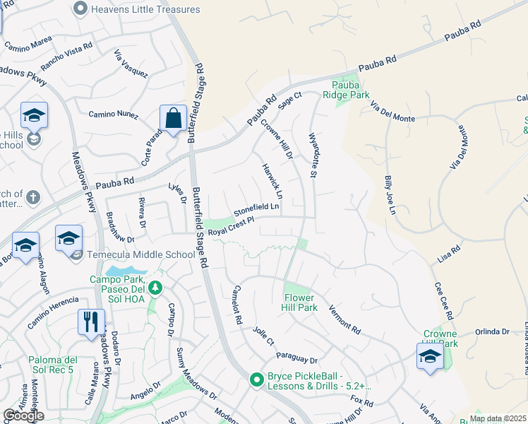 map of restaurants, bars, coffee shops, grocery stores, and more near 32868 Stonefield Lane in Temecula