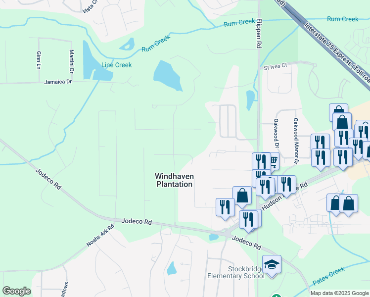 map of restaurants, bars, coffee shops, grocery stores, and more near 19 Margrit Court in Stockbridge