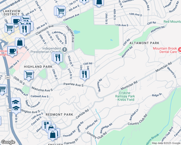 map of restaurants, bars, coffee shops, grocery stores, and more near 1325 34th Street South in Birmingham