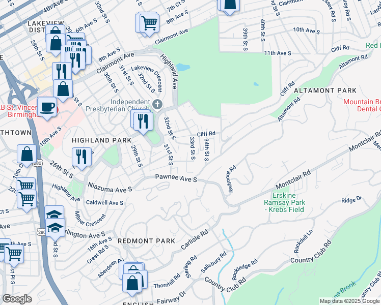 map of restaurants, bars, coffee shops, grocery stores, and more near 1417 33rd Street South in Birmingham