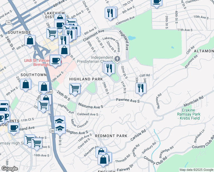 map of restaurants, bars, coffee shops, grocery stores, and more near 1223 29th Street South in Birmingham