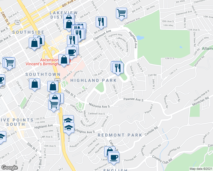 map of restaurants, bars, coffee shops, grocery stores, and more near 2823 Highland Avenue in Birmingham