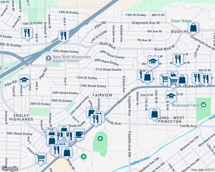 map of restaurants, bars, coffee shops, grocery stores, and more near 2812 24th Street Ensley in Birmingham