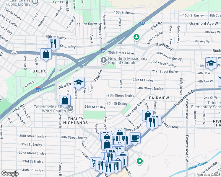 map of restaurants, bars, coffee shops, grocery stores, and more near 2308 24th Street Ensley in Birmingham