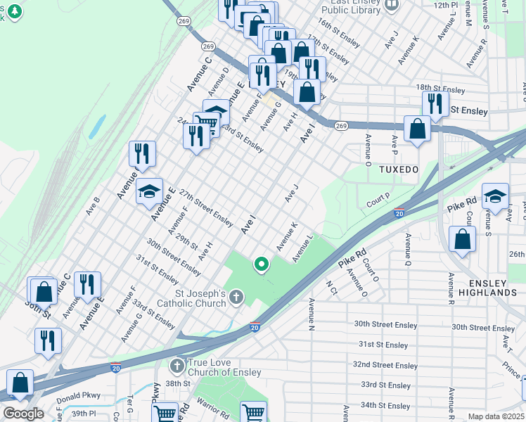 map of restaurants, bars, coffee shops, grocery stores, and more near 2501 Avenue I in Birmingham