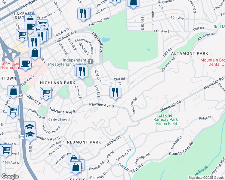 map of restaurants, bars, coffee shops, grocery stores, and more near 1417 33rd Street South in Birmingham
