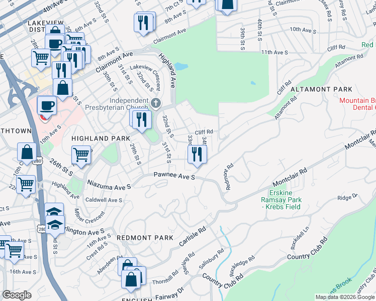 map of restaurants, bars, coffee shops, grocery stores, and more near 1417 33rd Street South in Birmingham