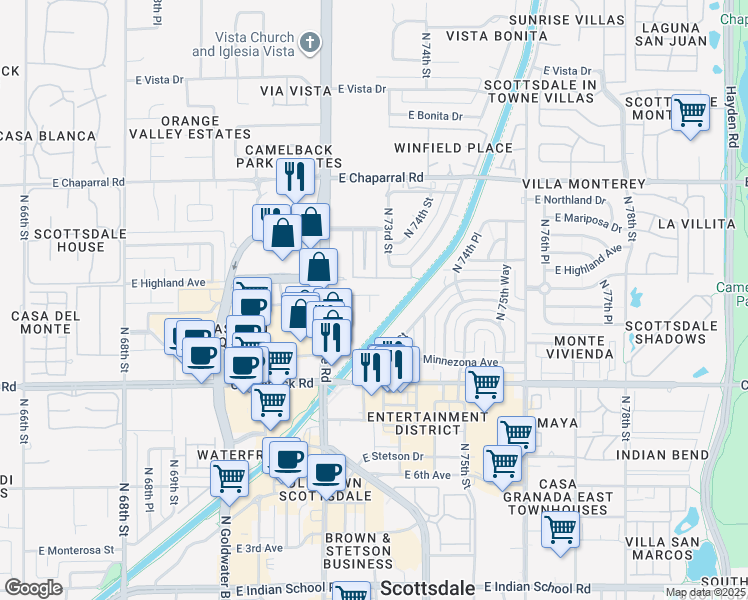 map of restaurants, bars, coffee shops, grocery stores, and more near 4747 North Scottsdale Road in Scottsdale
