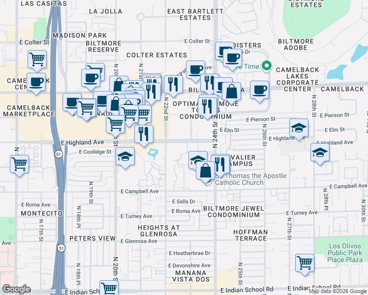 map of restaurants, bars, coffee shops, grocery stores, and more near 2233 East Highland Avenue in Phoenix