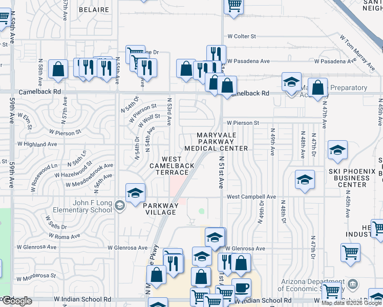 map of restaurants, bars, coffee shops, grocery stores, and more near G Street in Phoenix