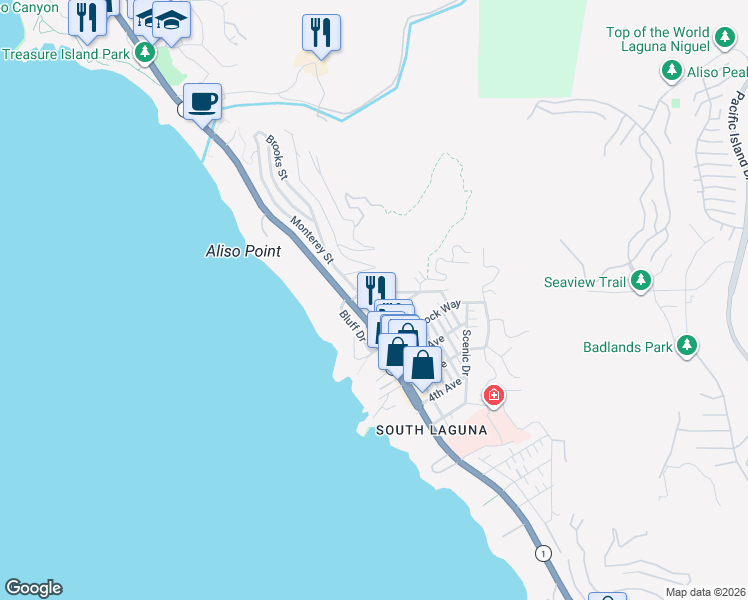 map of restaurants, bars, coffee shops, grocery stores, and more near 31512 Monterey Street in Laguna Beach