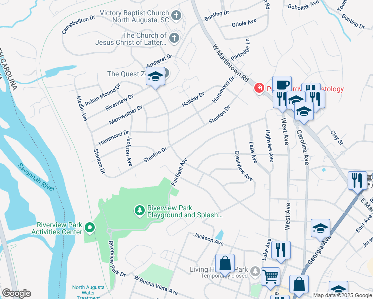 map of restaurants, bars, coffee shops, grocery stores, and more near 908 Fairfield Avenue in North Augusta