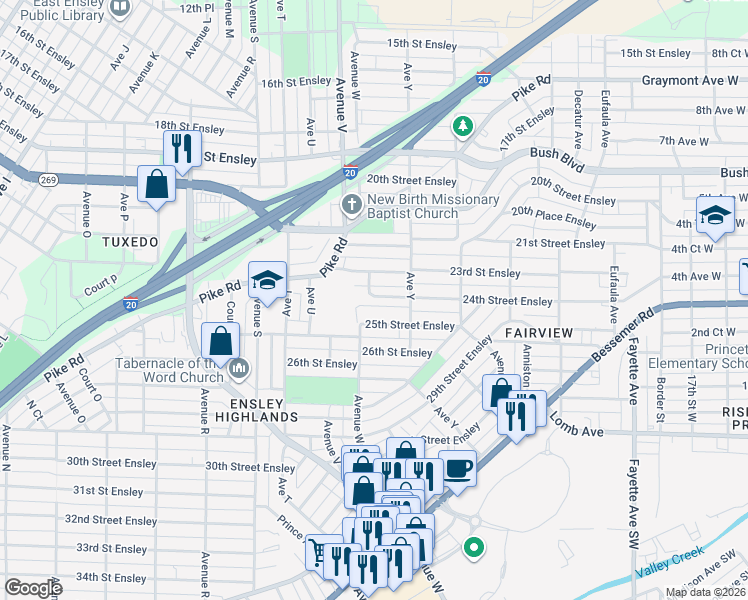 map of restaurants, bars, coffee shops, grocery stores, and more near 2308 24th Street Ensley in Birmingham