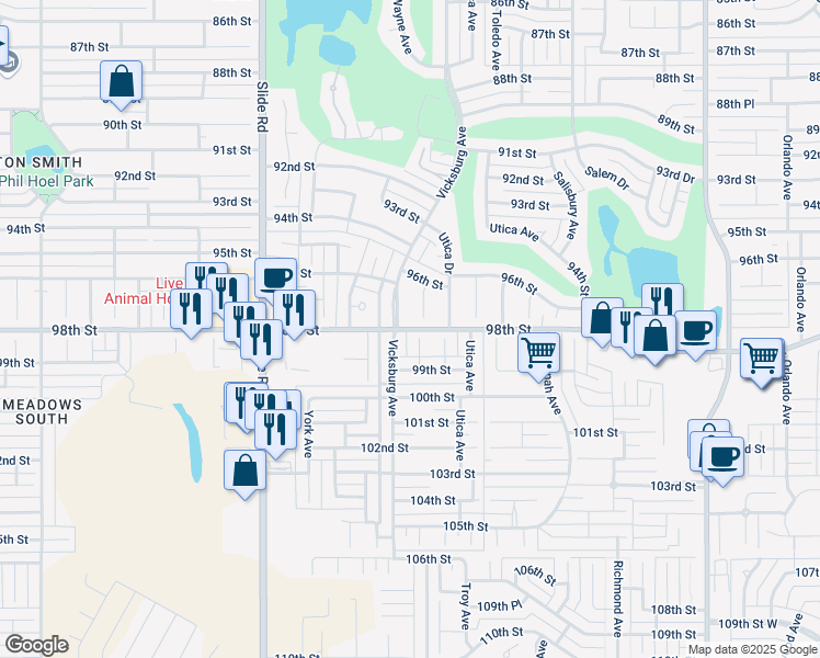 map of restaurants, bars, coffee shops, grocery stores, and more near 98th Street in Lubbock