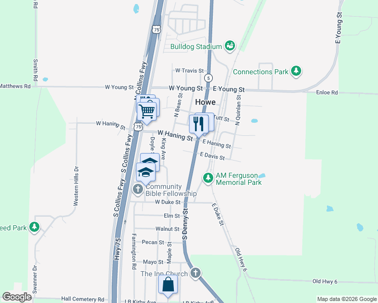 map of restaurants, bars, coffee shops, grocery stores, and more near 109 Davis Street in Howe