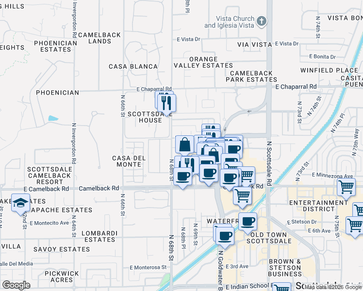 map of restaurants, bars, coffee shops, grocery stores, and more near 118 East Highland Avenue in Scottsdale