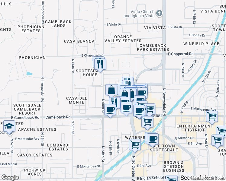 map of restaurants, bars, coffee shops, grocery stores, and more near 214 East Highland Avenue in Scottsdale