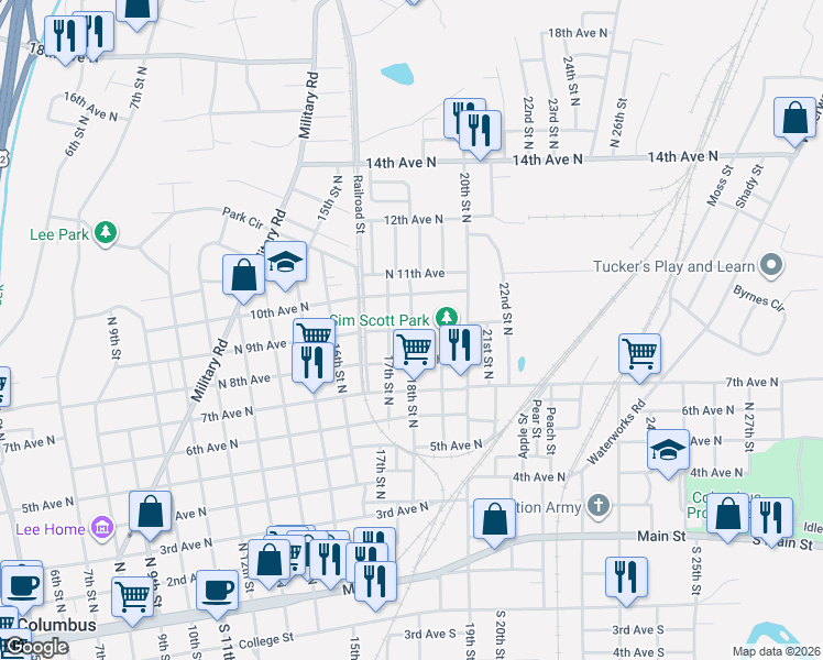 map of restaurants, bars, coffee shops, grocery stores, and more near 900 18th Street North in Columbus
