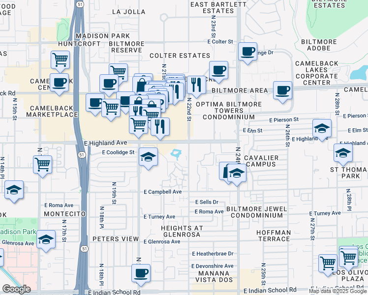 map of restaurants, bars, coffee shops, grocery stores, and more near 2141 East Highland Avenue in Phoenix