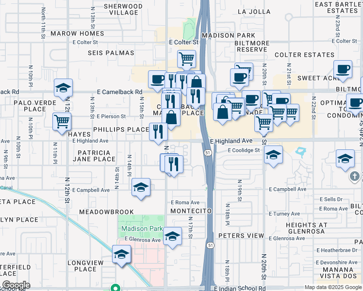 map of restaurants, bars, coffee shops, grocery stores, and more near 1601 East Highland Avenue in Phoenix