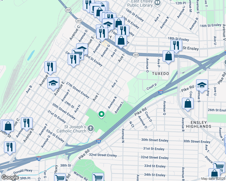 map of restaurants, bars, coffee shops, grocery stores, and more near 2425 Avenue J in Birmingham