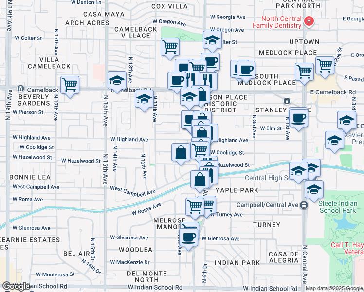 map of restaurants, bars, coffee shops, grocery stores, and more near 729 West Highland Avenue in Phoenix