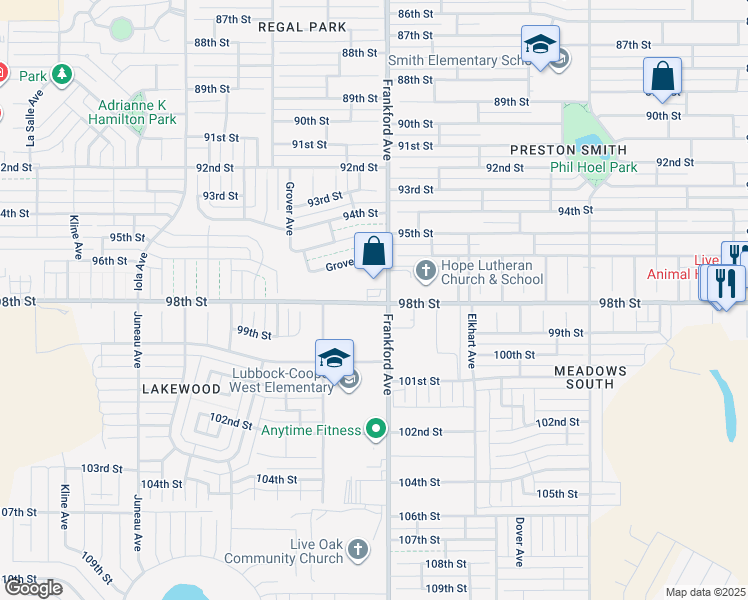 map of restaurants, bars, coffee shops, grocery stores, and more near 5802 98th St in Lubbock