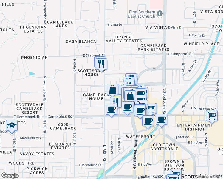 map of restaurants, bars, coffee shops, grocery stores, and more near 214 East Highland Avenue in Scottsdale
