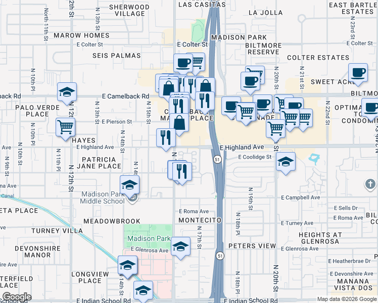 map of restaurants, bars, coffee shops, grocery stores, and more near 1601 East Highland Avenue in Phoenix